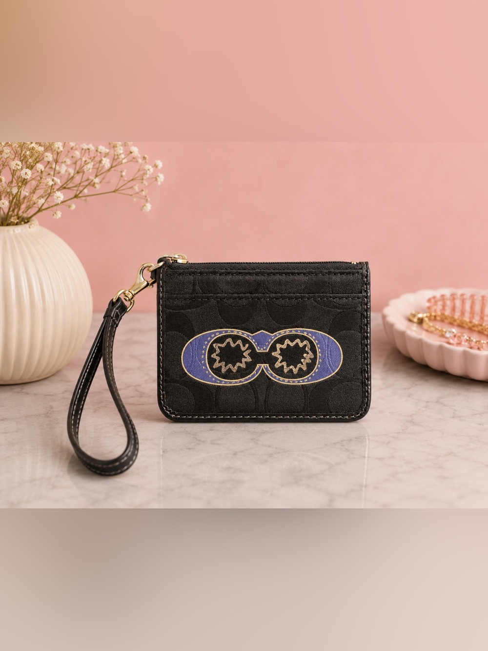 Coach Black Wristlet Card Case with Blue and Gold Accent